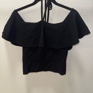 Club Monaco Black Off-Shoulder Ruffle Tie-Back Crop Top